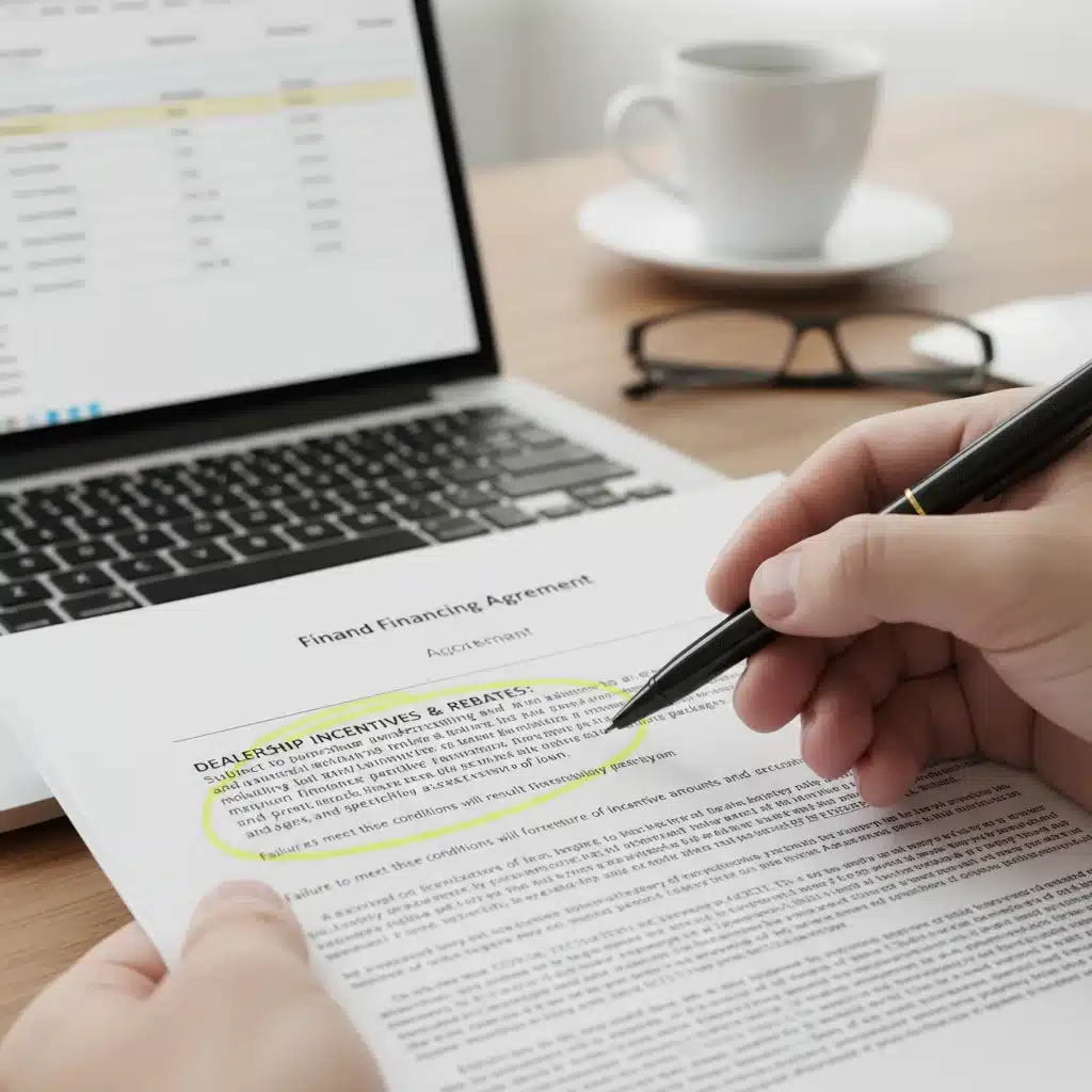 Hand highlighting terms in a car financing agreement, emphasizing careful review.