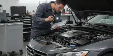 Person inspecting used car engine bay with checklist and flashlight