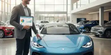 Person reviewing financial plan for 2026 car purchase at dealership