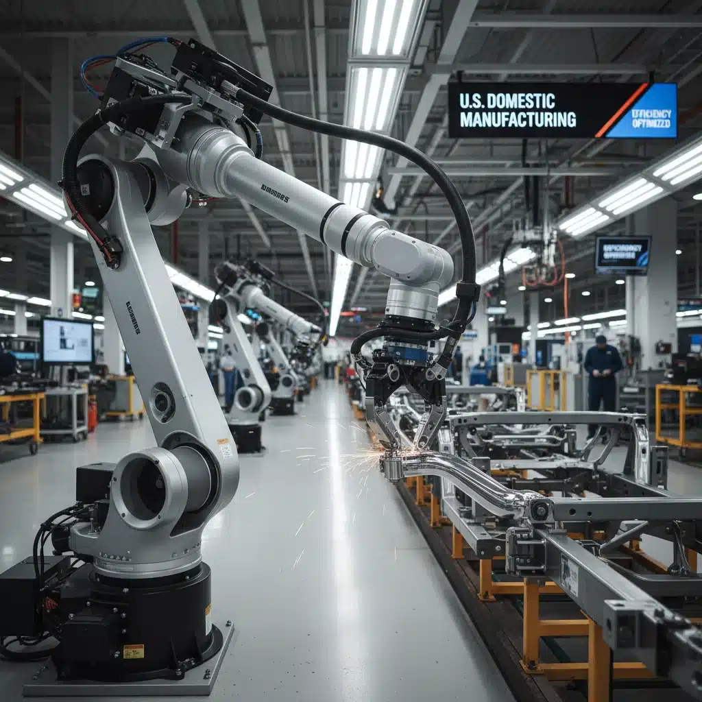 Robotic arm on an assembly line in a modern U.S. automotive factory, symbolizing advanced domestic manufacturing.