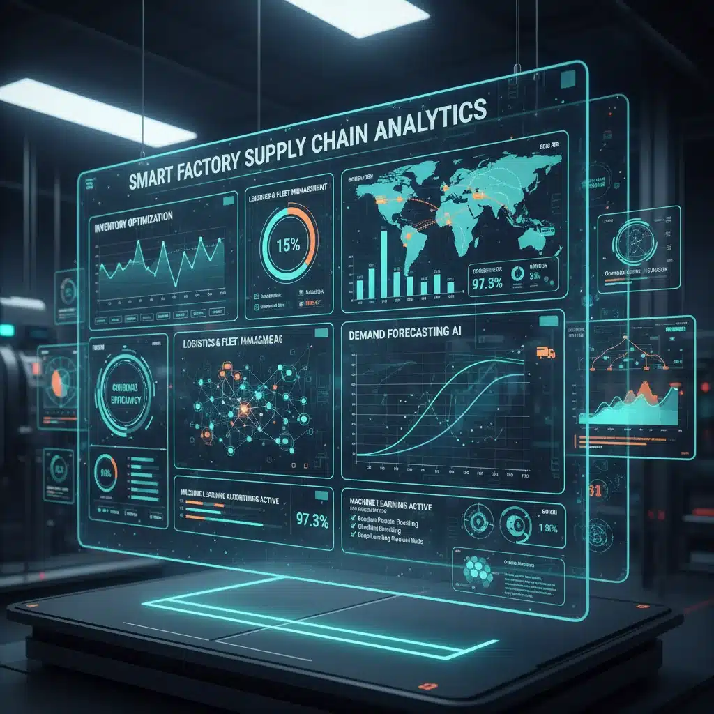 AI-powered supply chain management dashboard in a smart factory