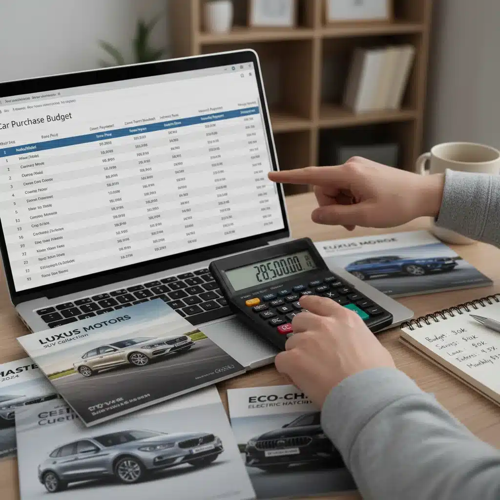 Financial planning for car purchase with calculator and laptop