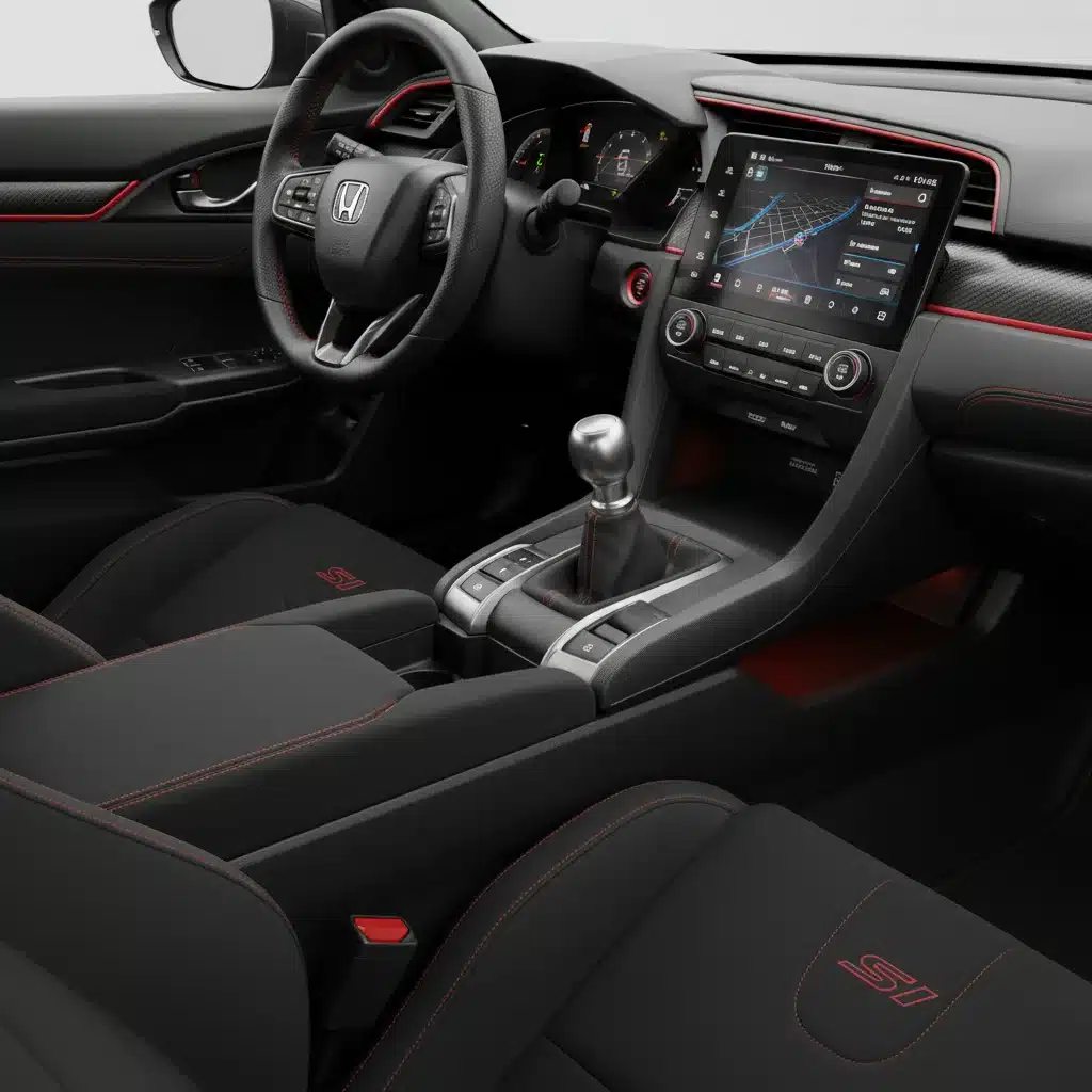Interior of 2026 Civic Si, highlighting the 8-speed DCT shifter and driver-focused cockpit.