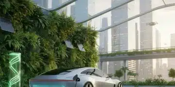 Electric vehicle charging at a modern station with green infrastructure