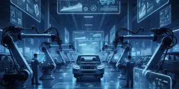 Futuristic AI-driven automotive assembly line with robots