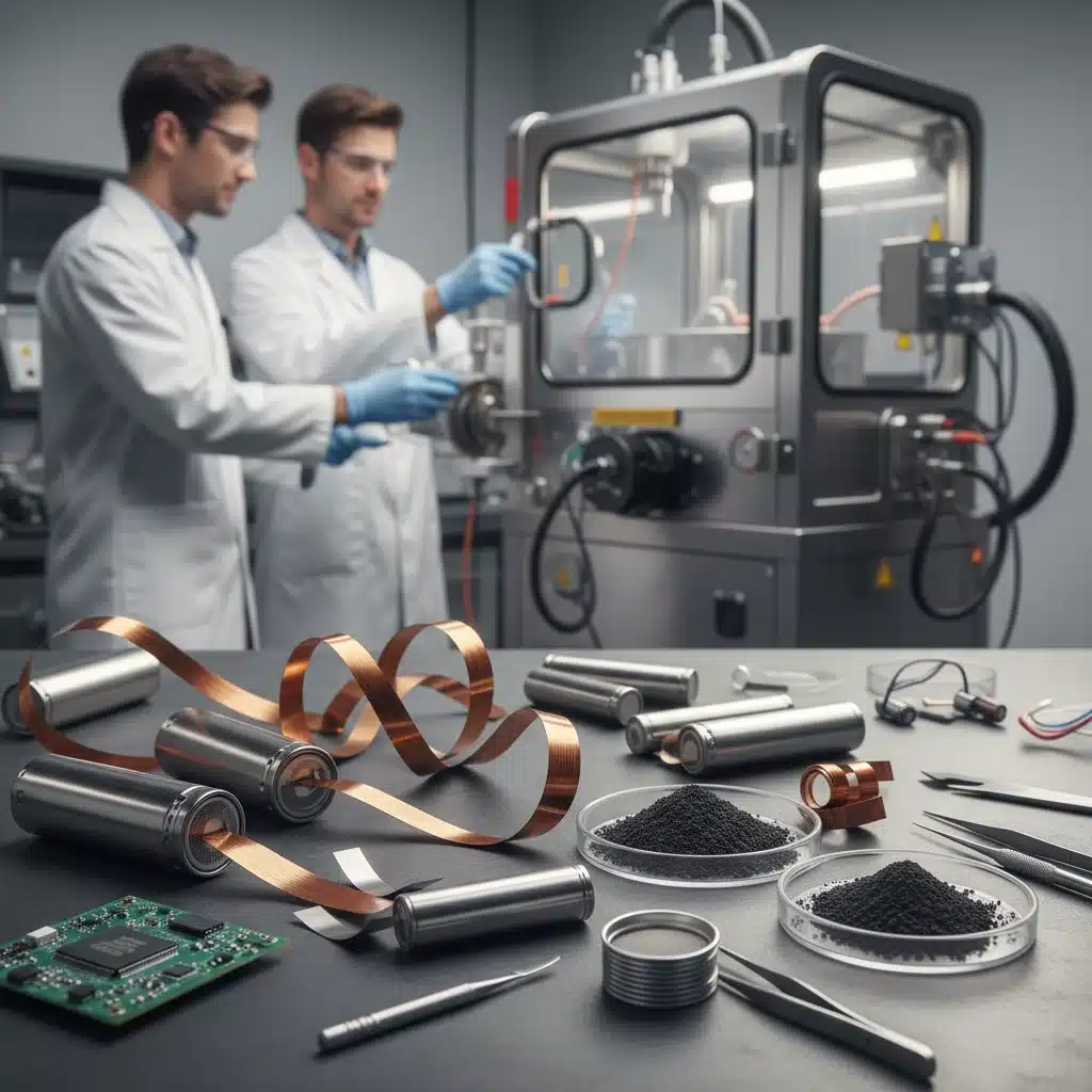 Scientists analyzing disassembled lithium-ion battery cells for recycling processes