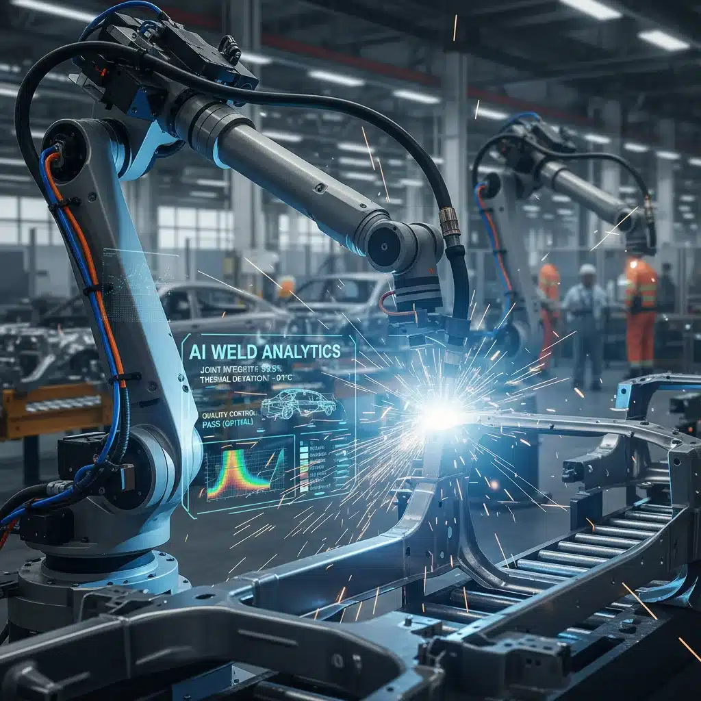 Robotic arm performing precision welding with AI quality control