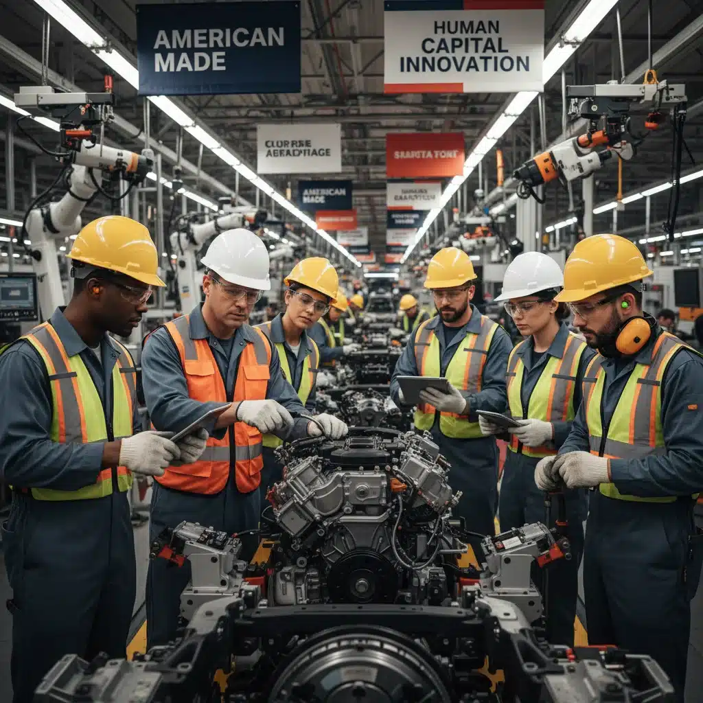 Diverse U.S. factory workers collaborating on an automotive production line, emphasizing skilled labor.