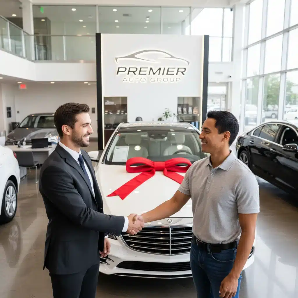 Successful car purchase negotiation and handshake at dealership
