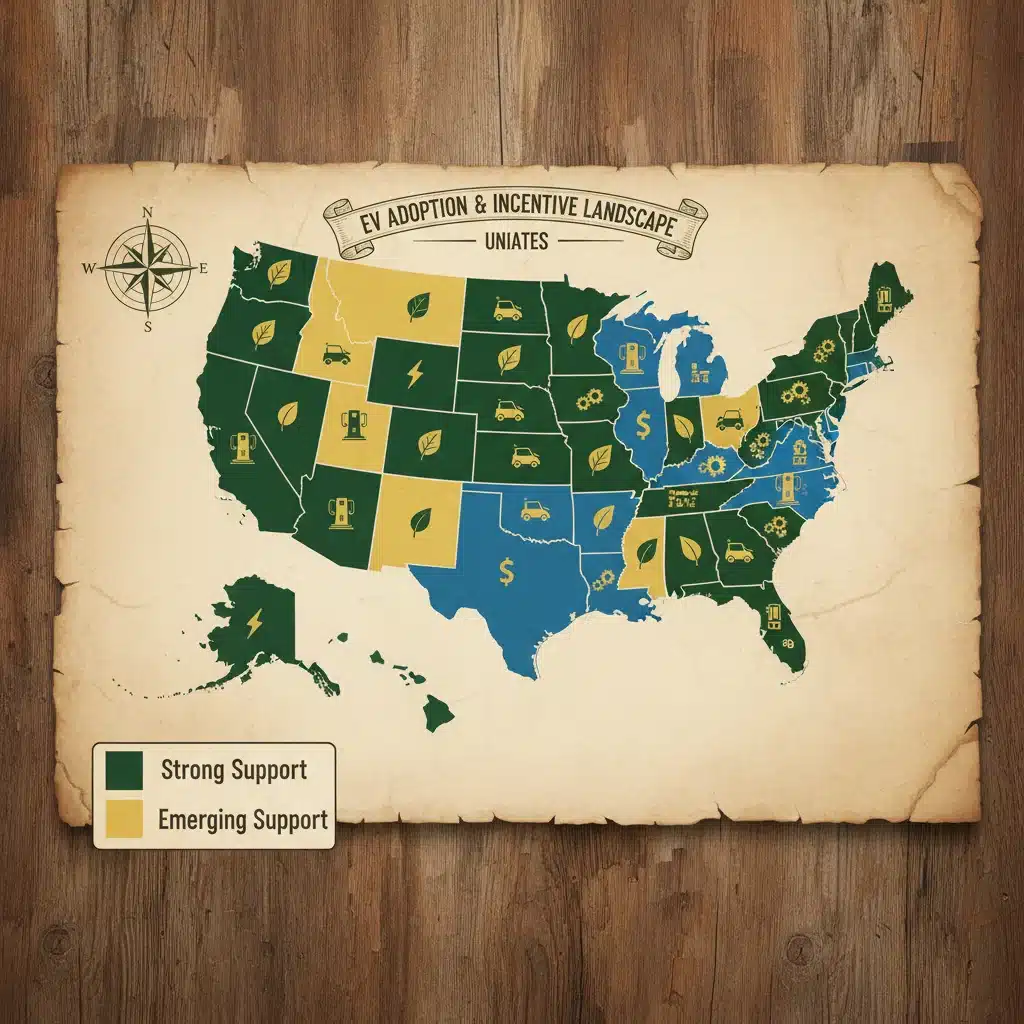 US map illustrating diverse state EV incentive programs and adoption rates