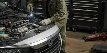 Mechanic inspecting used car engine bay with flashlight