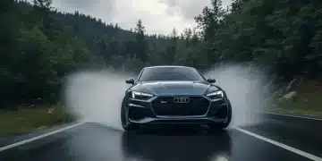 2026 Audi RS 5 Coupe driving on wet road with Quattro AWD