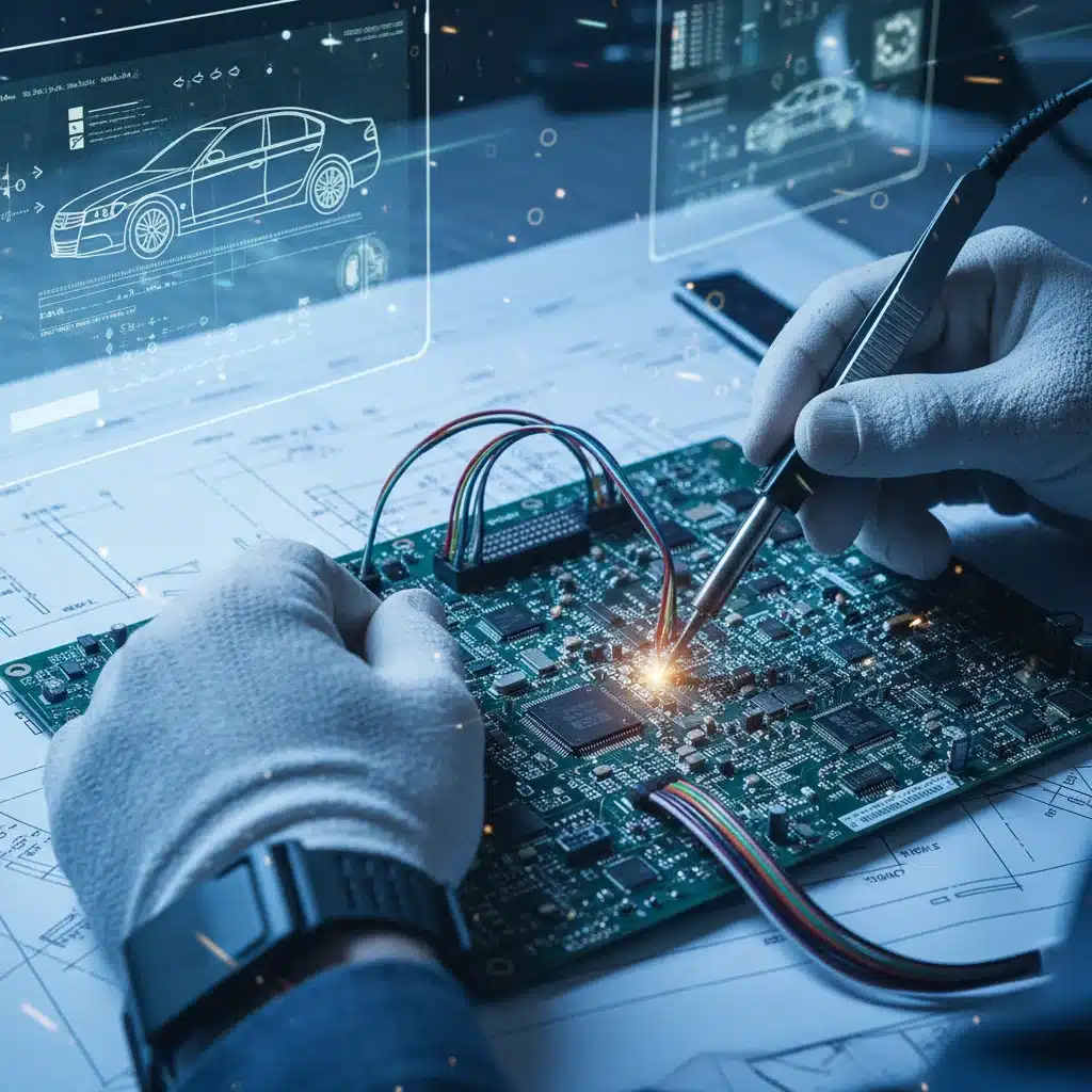 Hands working on automotive electronic systems