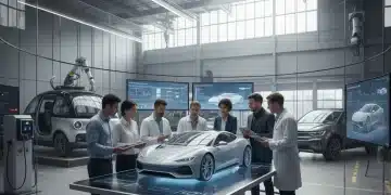 Automotive engineers collaborating on future vehicle design