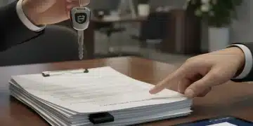 Hands reviewing car purchase paperwork with car keys and a tablet