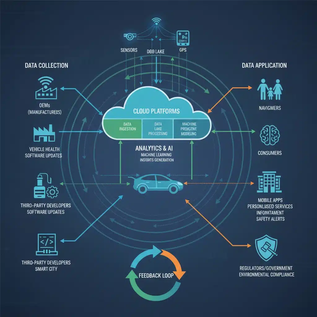 Infographic showing data flow and stakeholders in a connected car ecosystem