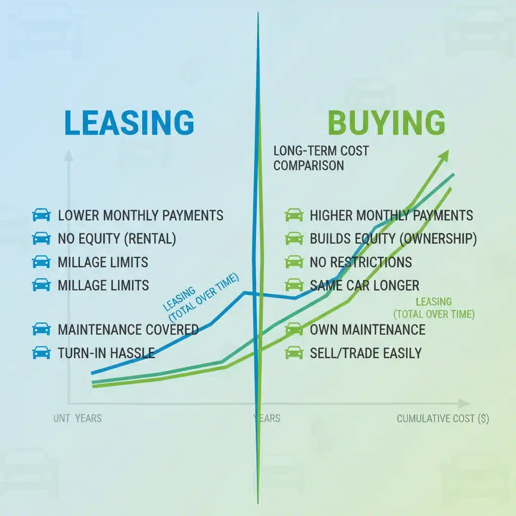 Infographic detailing financial comparisons between leasing and buying a vehicle, highlighting monthly payments, equity, and restrictions.