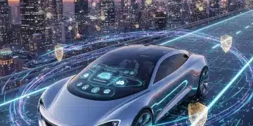 Futuristic connected car on a smart highway with data streams and cybersecurity icons