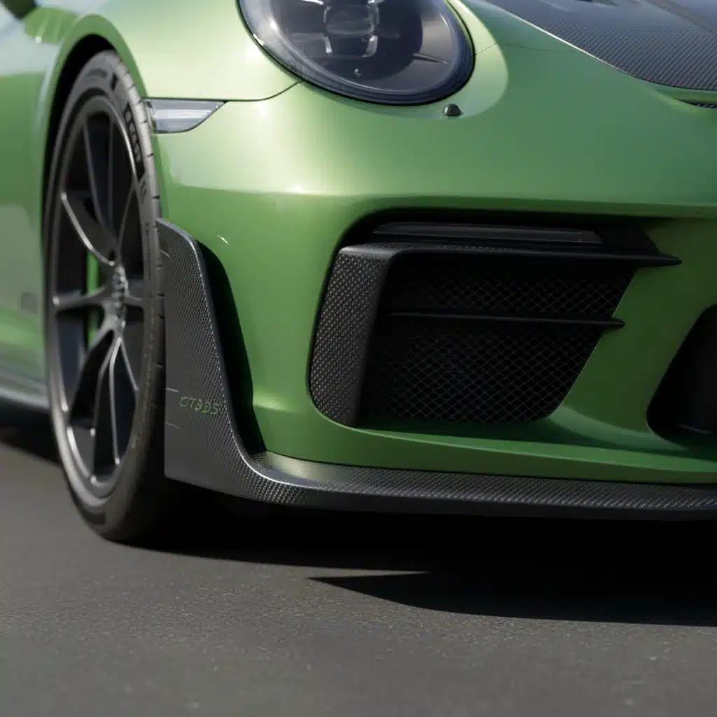 Close-up of 2026 Porsche 911 GT3 RS active front aerodynamic components, including splitter and wheel arch louvers.