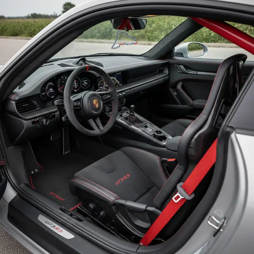 Interior of 2026 Porsche 911 GT3 RS with racing seats, Alcantara wheel, and track-focused digital display.