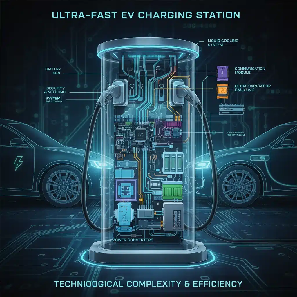 Diagram showing the internal components and technology of an ultra-fast EV charger.