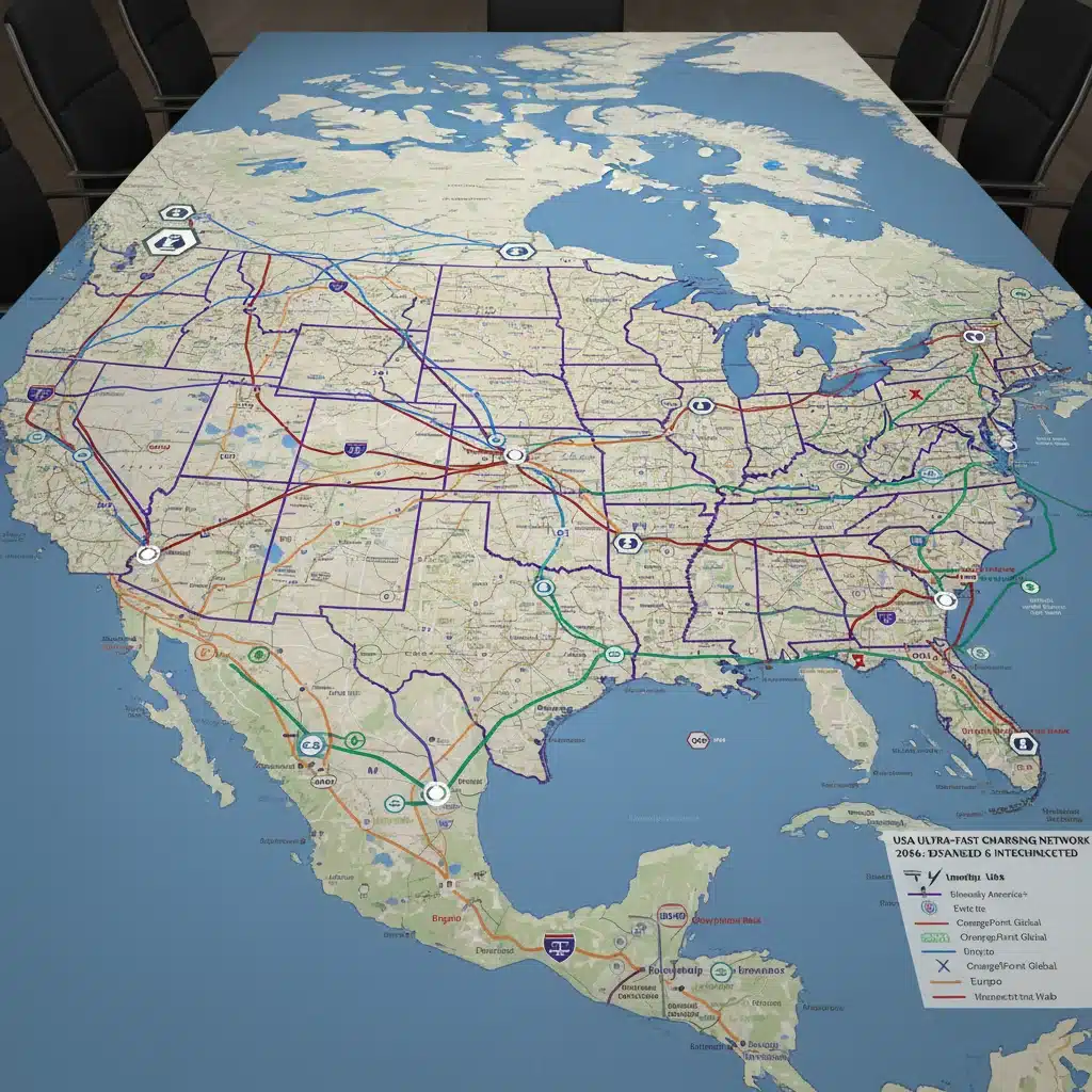 Map of the US showing an interconnected network of ultra-fast EV charging stations by 2026.