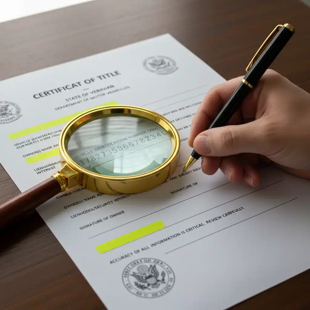 Close-up of a vehicle title document with a magnifying glass and pen